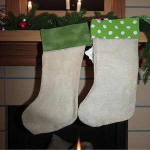 2 Christmas Stockings green solid and polka dots  Trim burlap hand crafted lined